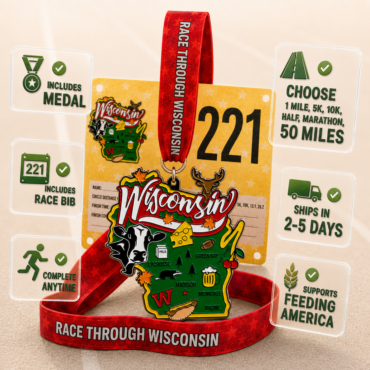 Virtualrunevent Wisconsin Race medal featuring a colorful Wisconsin-themed graphic for 5K, 10K, half marathon, and marathon finishers.