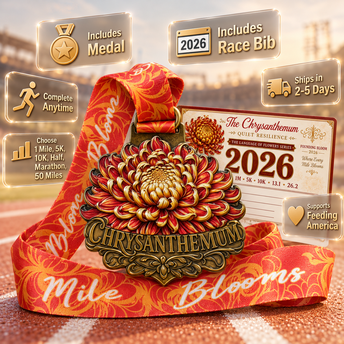 Chrysanthemum Virtual Race medal featuring vibrant flower design for 5K, 10K, Half Marathon, and Marathon challenges.