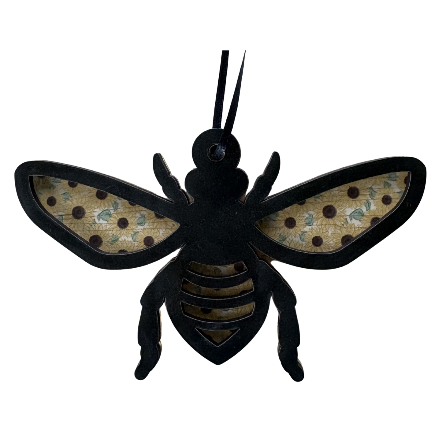 Layered wood and acrylic Bee and Sunflowers ornament medal by Virtual Rune Event, featuring intricate floral designs.