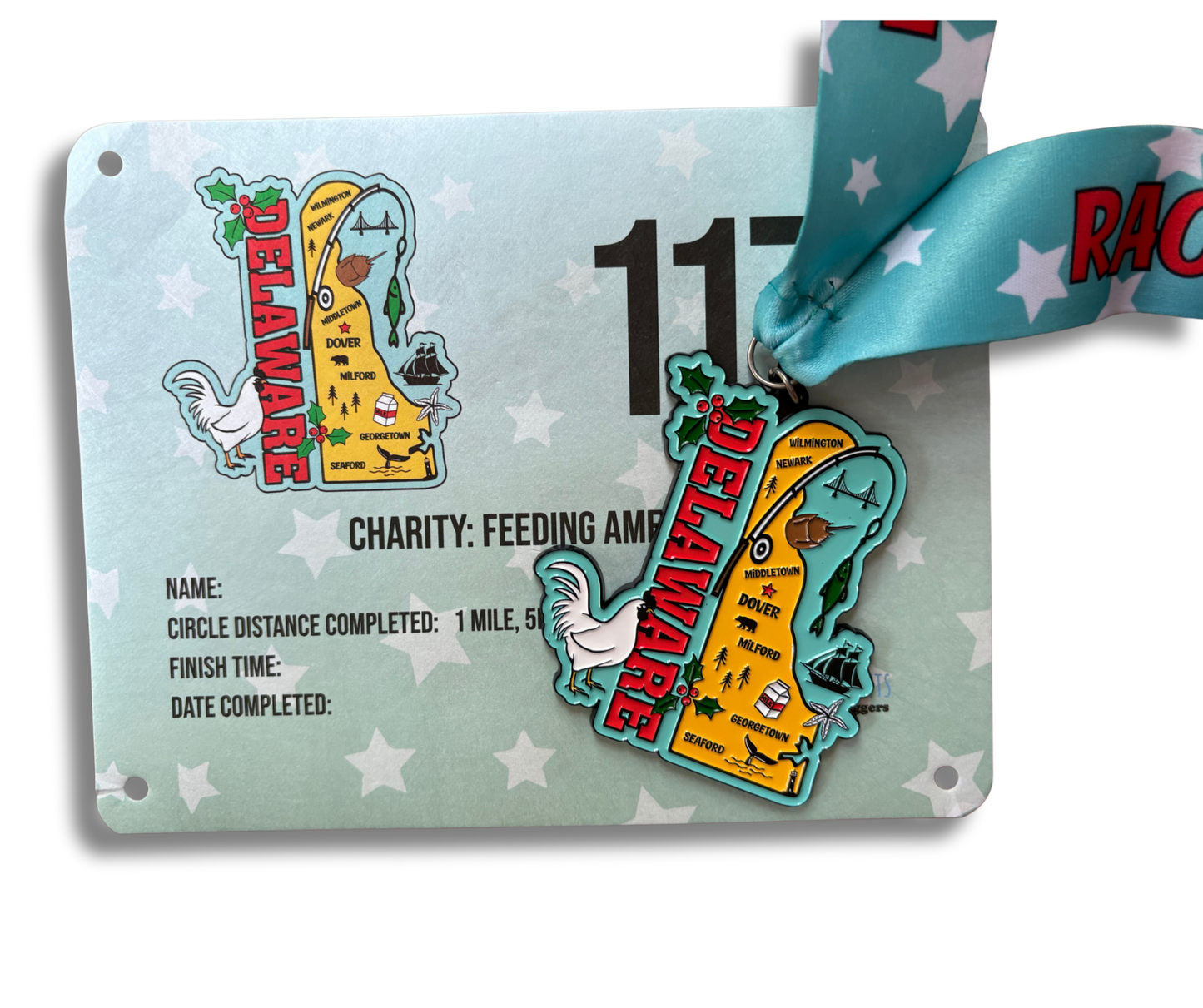 Race Through Delaware 1M 5K 10K 13.1 26.2 Medal and Bib