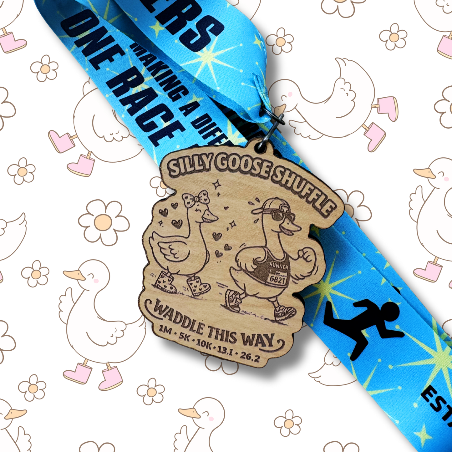 Silver medal for the Silly Goose Shuffle Virtual Race by virtualrunevent, featuring a playful goose design and race details.
