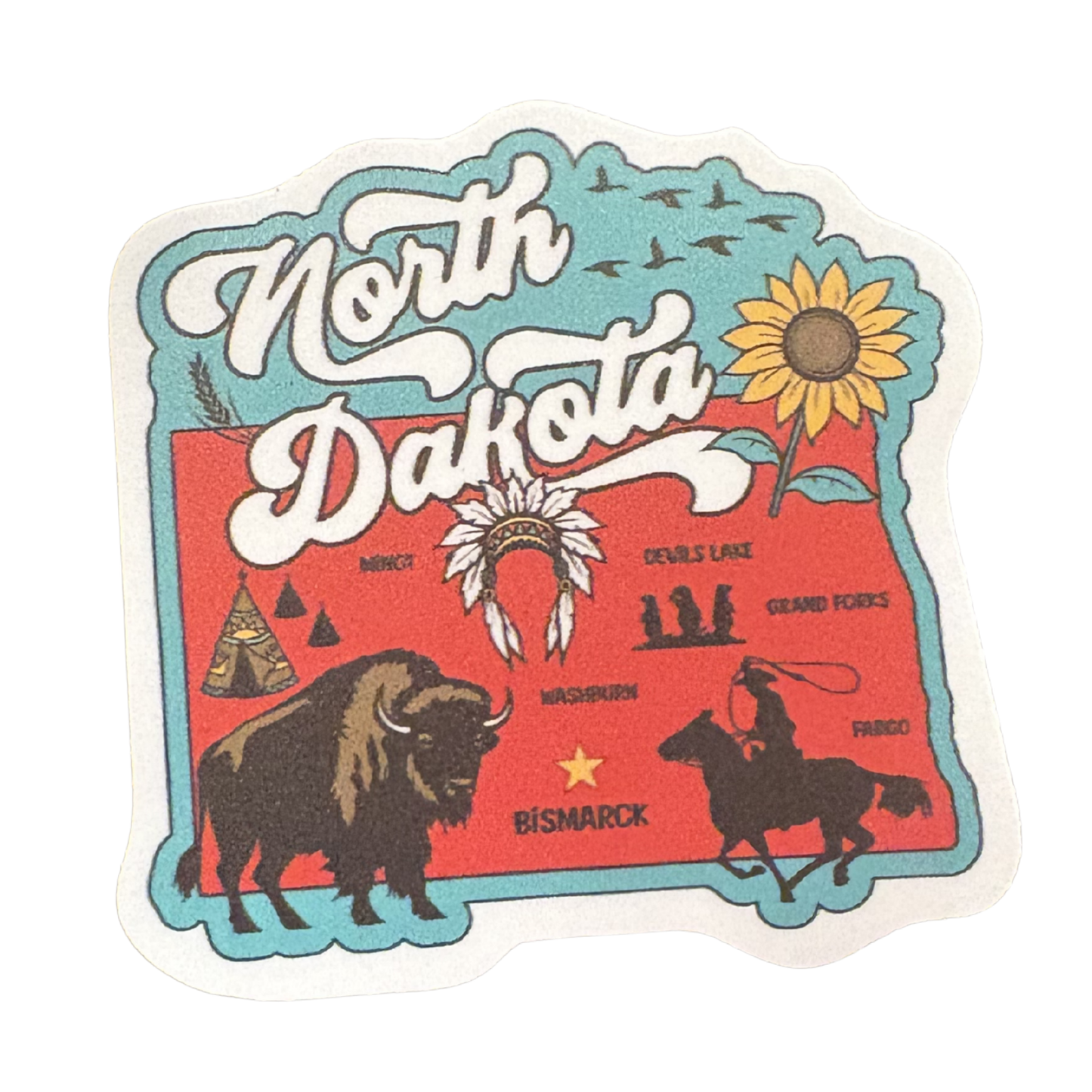 VirtualRuneEvent North Dakota medal sticker featuring a colorful North Dakota map design on a round metal badge.