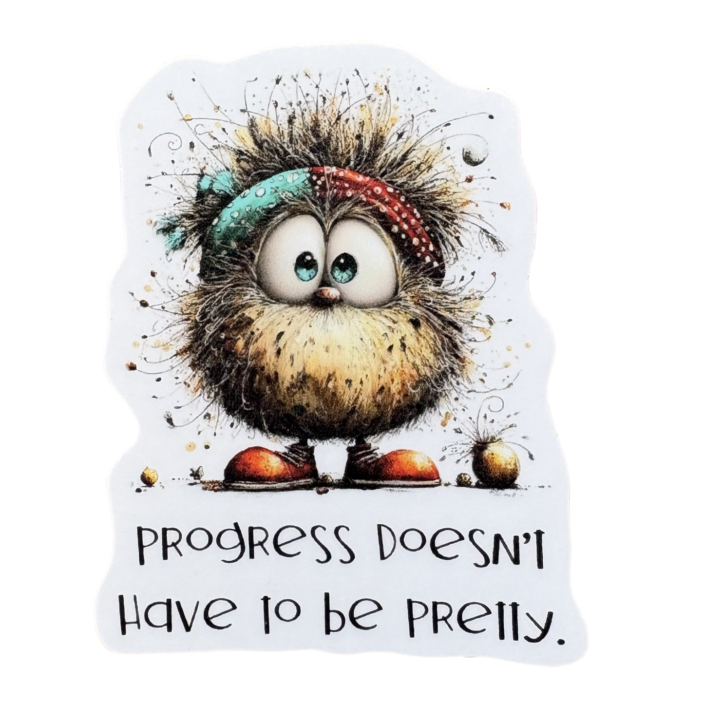 VirtualRuneEvent medal sticker with "Progress Doesn't Have to Be Pretty" design, featuring metallic finish and vibrant colors.