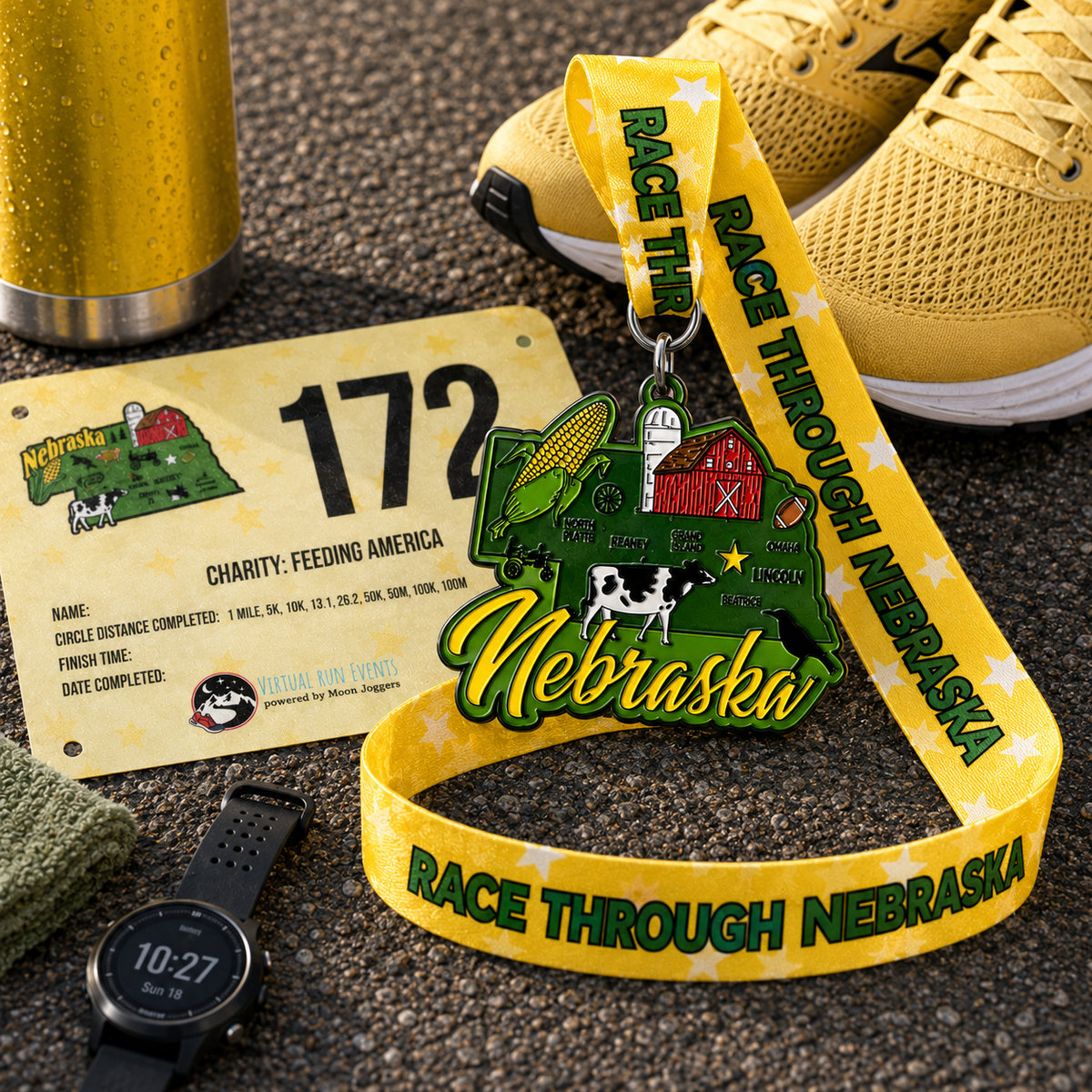 Race Through Nebraska 1M 5K 10K 13.1 26.2 Medal and Bib