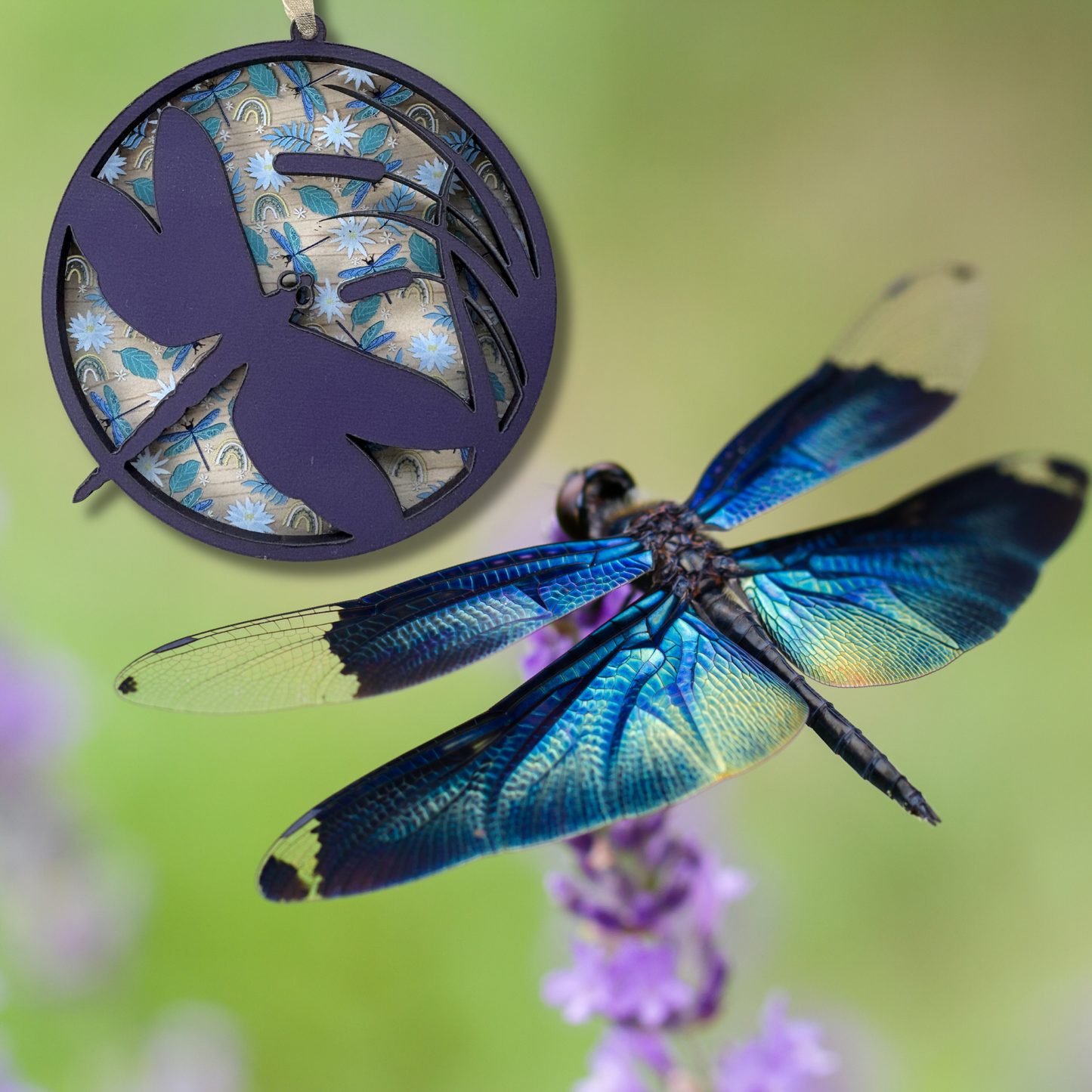 Layered wood and acrylic purple dragonfly ornament, 3.75 inches, showcasing intricate design and vibrant colors.