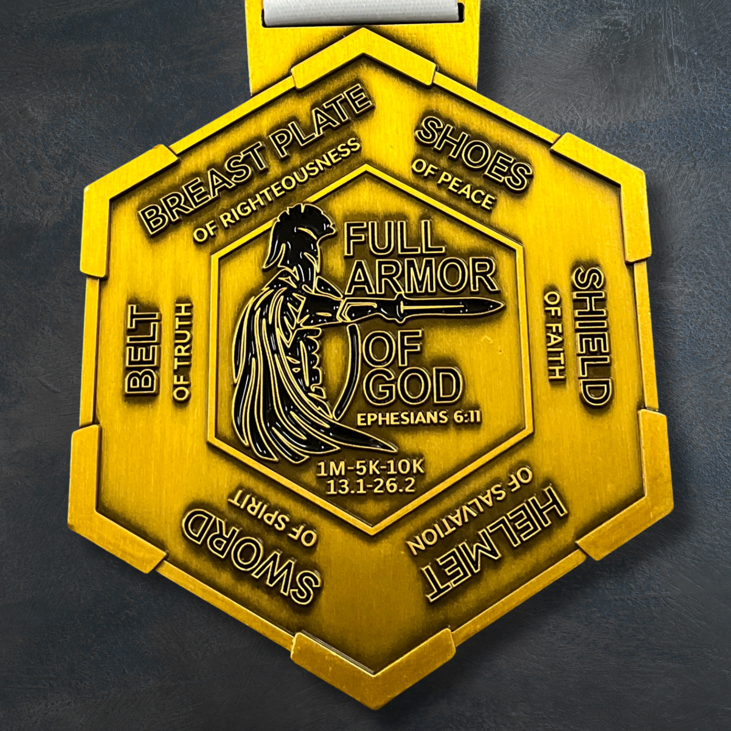 Medal featuring the 2026 Full Armor of God with 1M, 5K, 10K, 13.1, 26.2 distances, by virtualrunevent, supporting the Benefits Global Orphan Project.