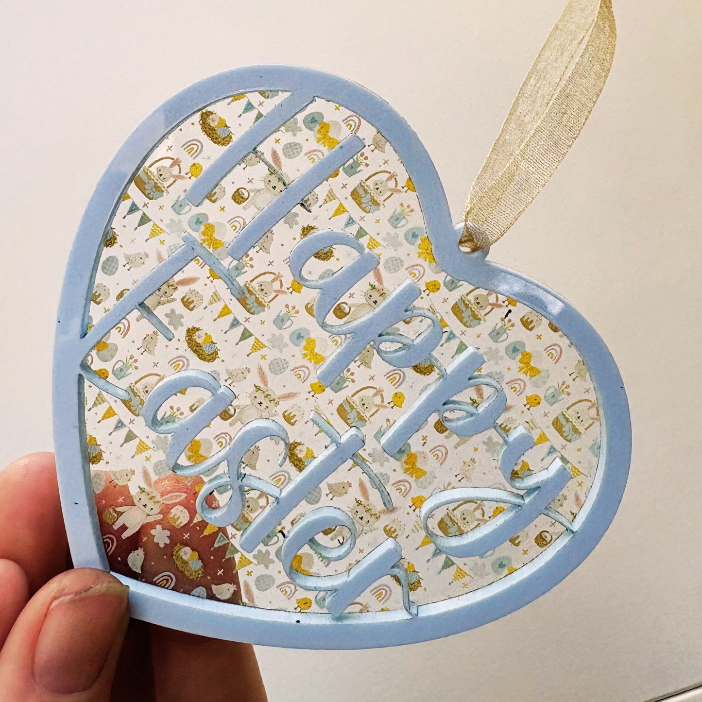 Layered acrylic Happy Easter medal with heart design, perfect as spring garden decoration or gift, by virtualrunevent