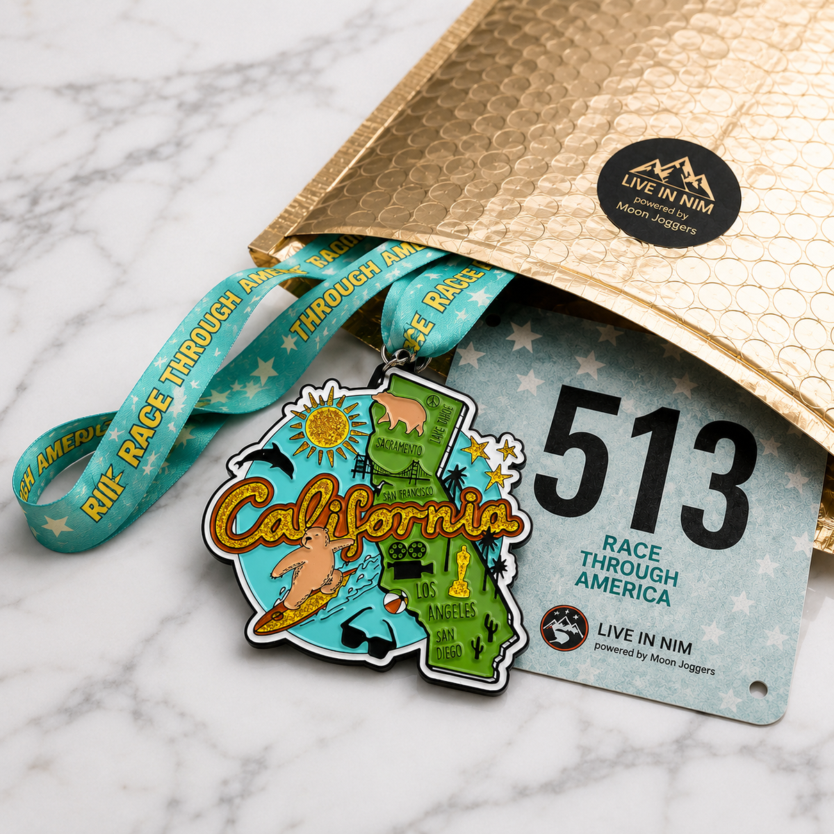 Virtualrunevent Race Through California medal featuring colorful design, representing a 5K, 10K, Half Marathon, and 50 Mile Challenge.