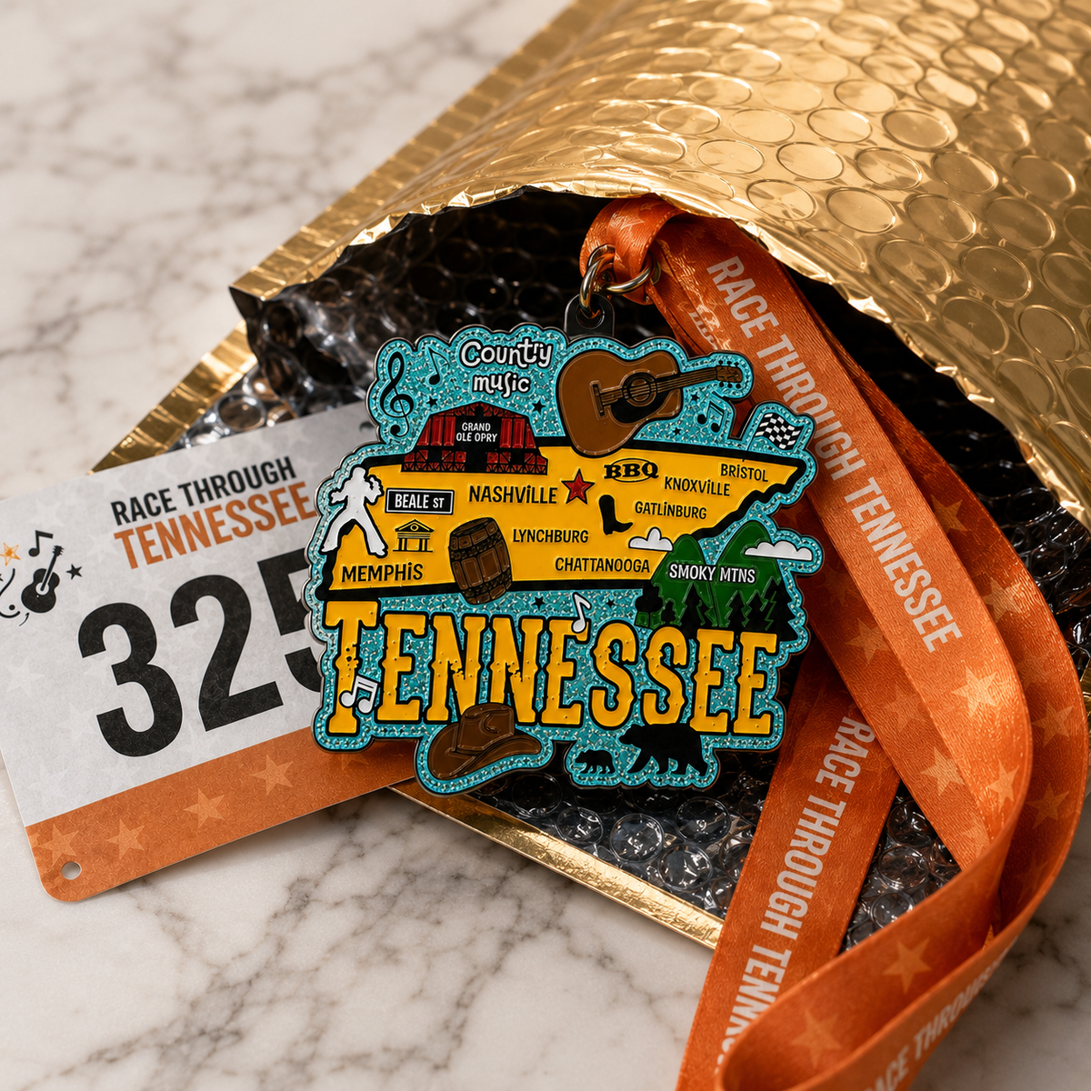 Virtualrunevent Race Through Tennessee medal with Tennessee map design and race details, displayed outside padded envelope.