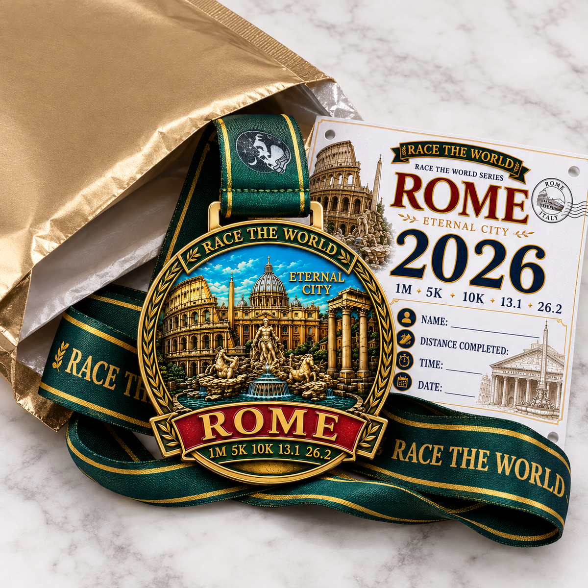 Rome Virtual Race medal from VirtualRunEvent featuring a detailed design celebrating the 5K, 10K, half marathon, and marathon challenge.