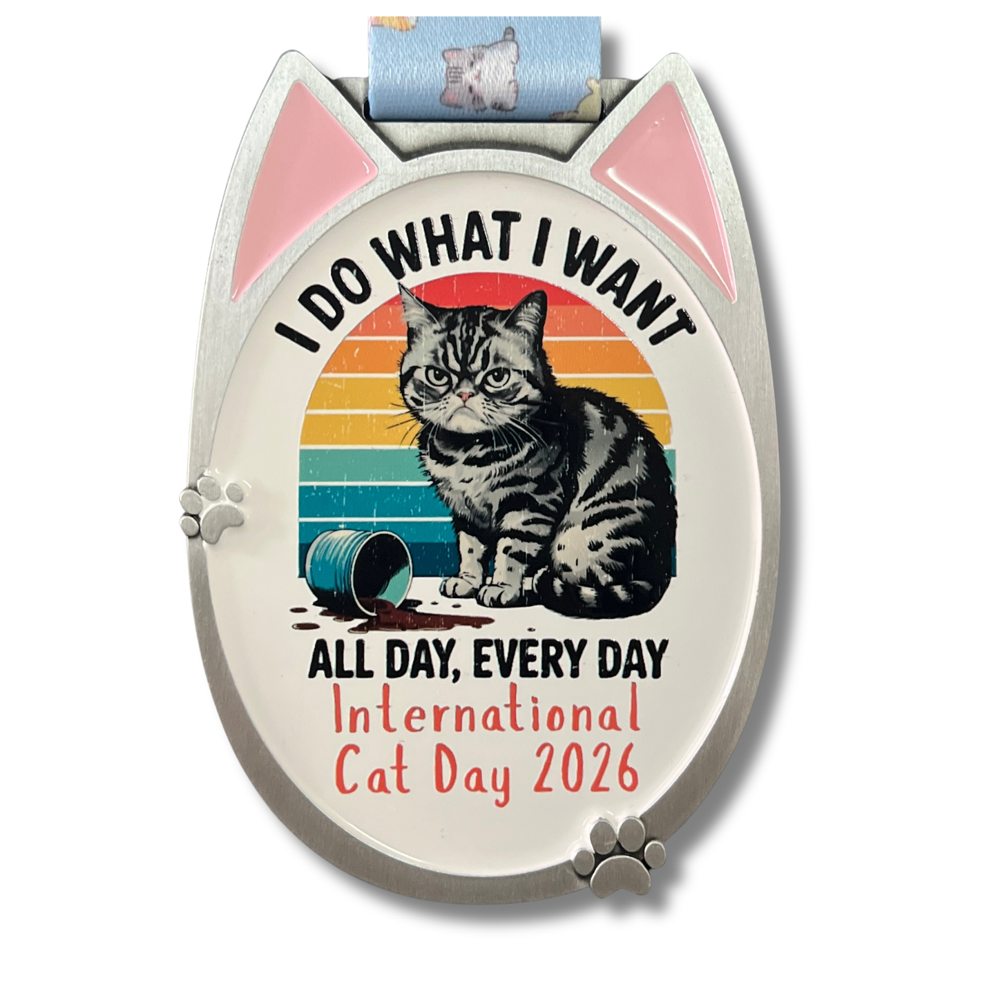 Silver medal for 2026 Cat Day 1M 5K 10K 13.1 and 26.2 virtual race by virtualrunevent, featuring a cat design and event details.