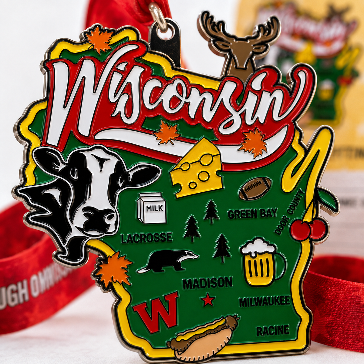 Close-up of virtualrunevent Race Through America 50 State Challenge medals and bibs, showcasing colorful state-themed medals.