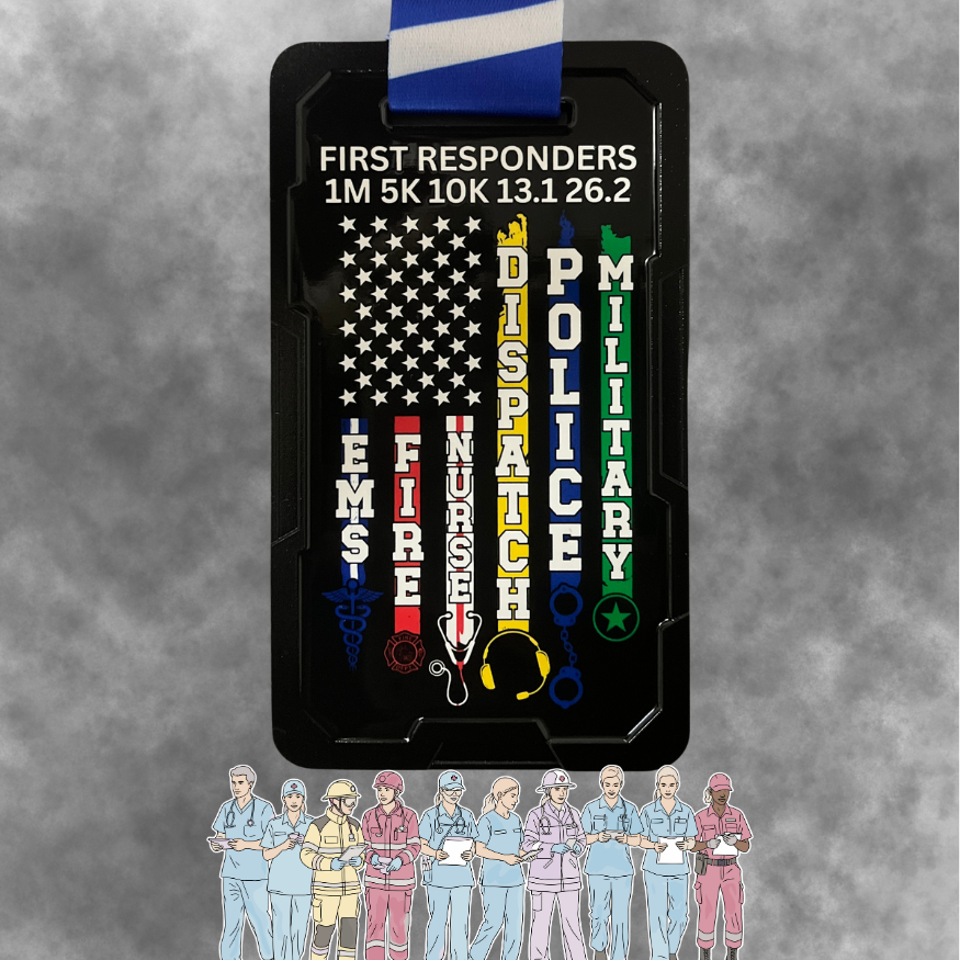 VirtualRunevent 2026 First Responders medals for 1M, 5K, 10K, 13.1, and 26.2 races, featuring a detailed medal design.