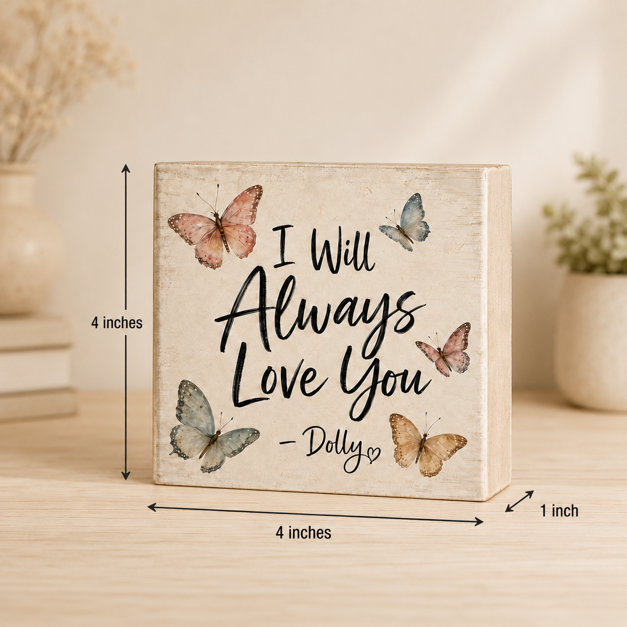 SHELF SITTER - I Will Always Love You Butterfly Wood Block Sign | Handmade by Booter Built | 4 × 4 Inches