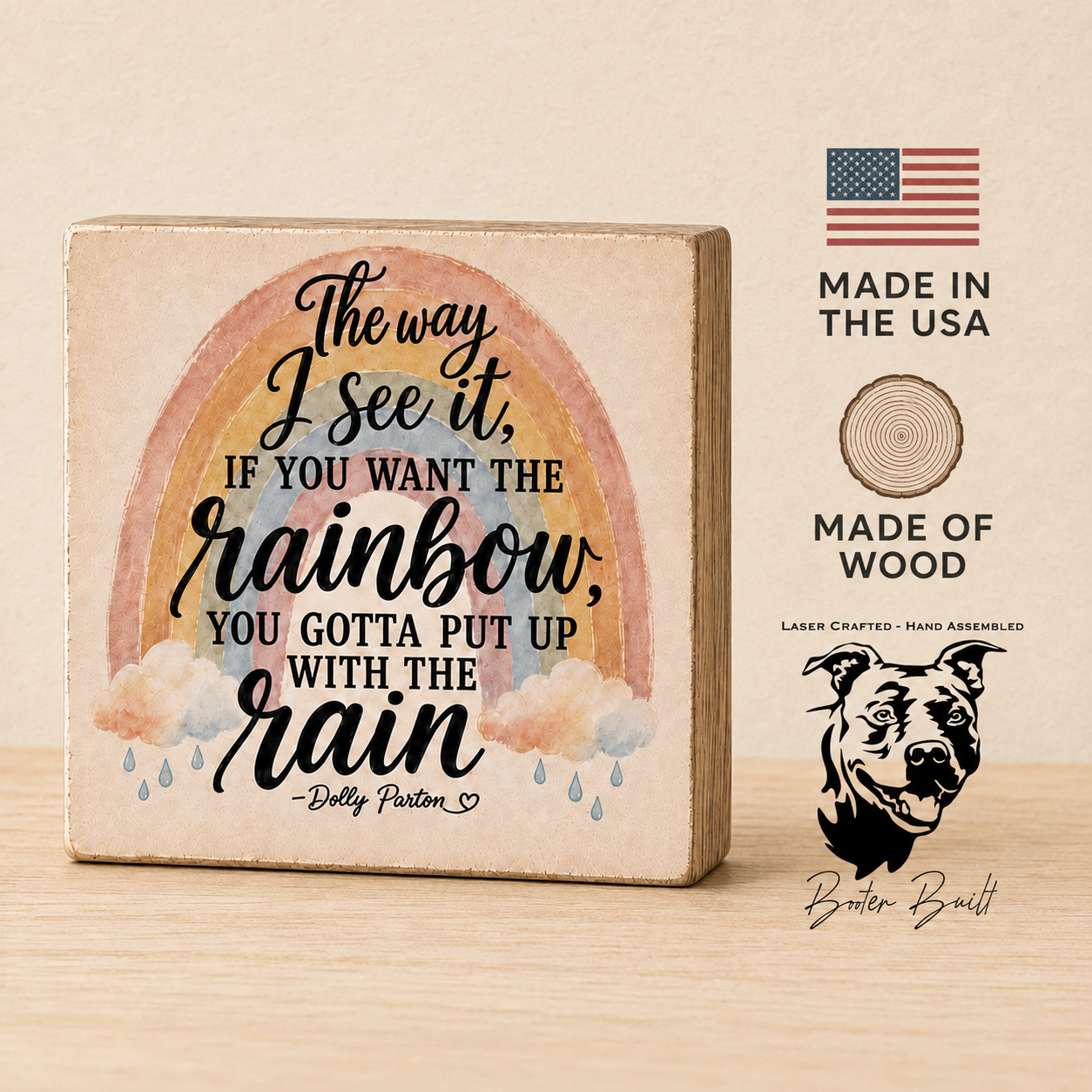 SHELF SITTER - Boho Rainbow Wood Sign, Inspirational Quote Decor, Rustic Shelf Sitter (4x4 Inch)