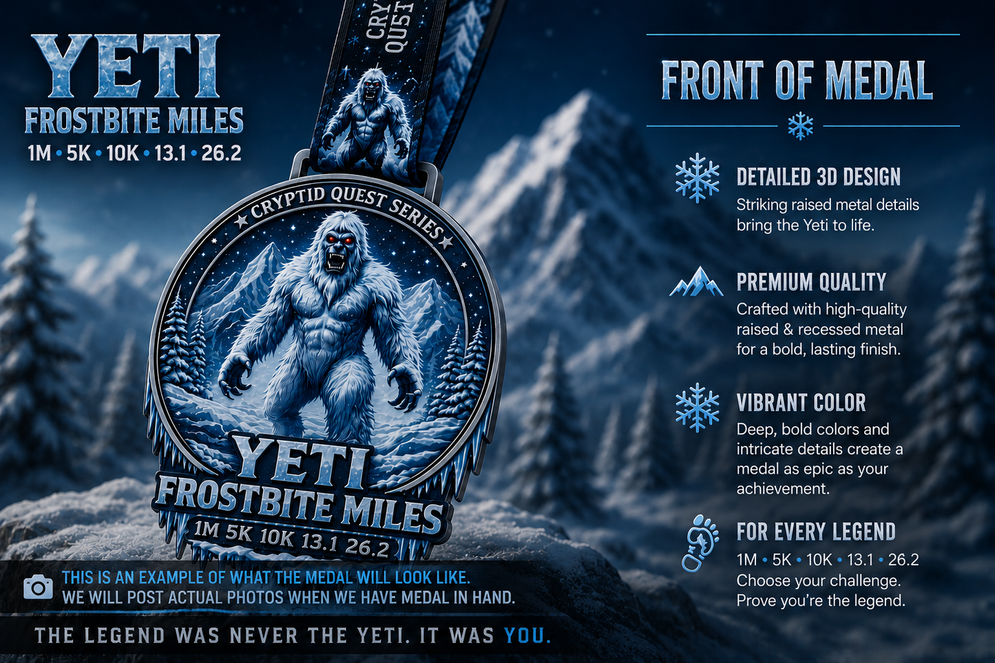Yeti Frostbite Miles Virtual Race 2026 medal from VirtualRuneEvent, featuring a detailed Yeti design and icy blue accents.