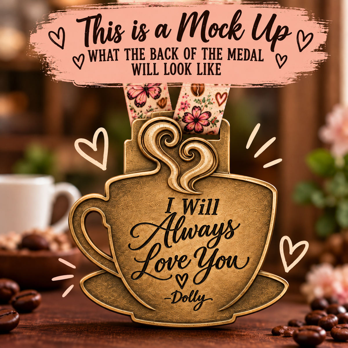 Limited edition medal featuring a coffee cup design for the Pour Yourself a Cup of Ambition virtual race by virtualrunevent.