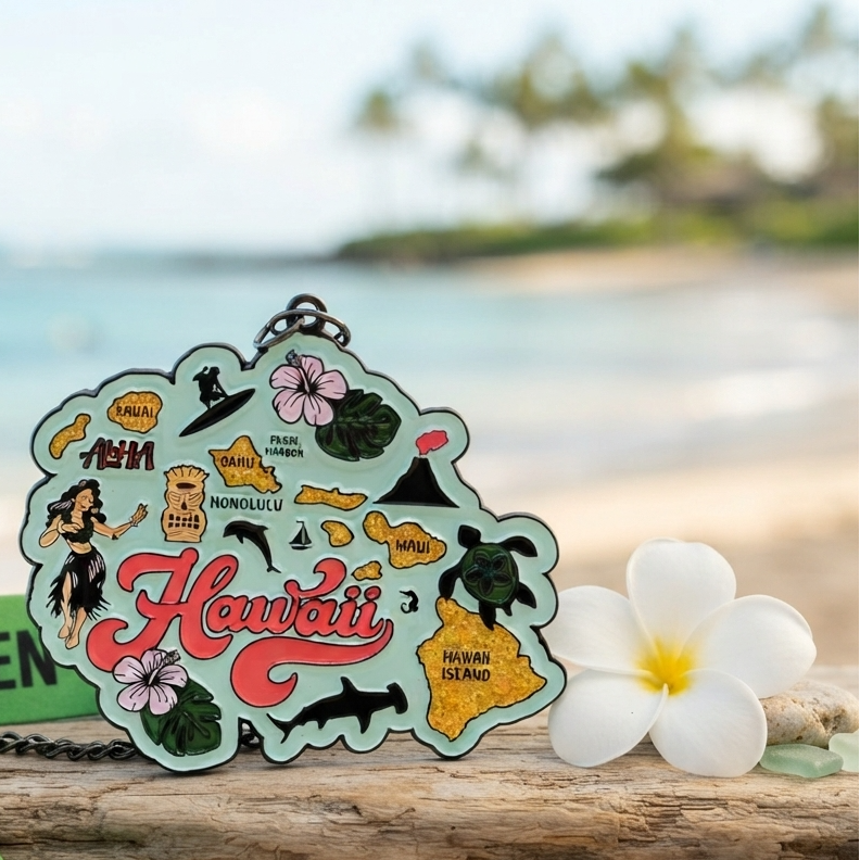 Virtualrunevent Race Through Hawaii medal and bib, showcasing a colorful medal with Hawaii-themed design and race bib on a white background.