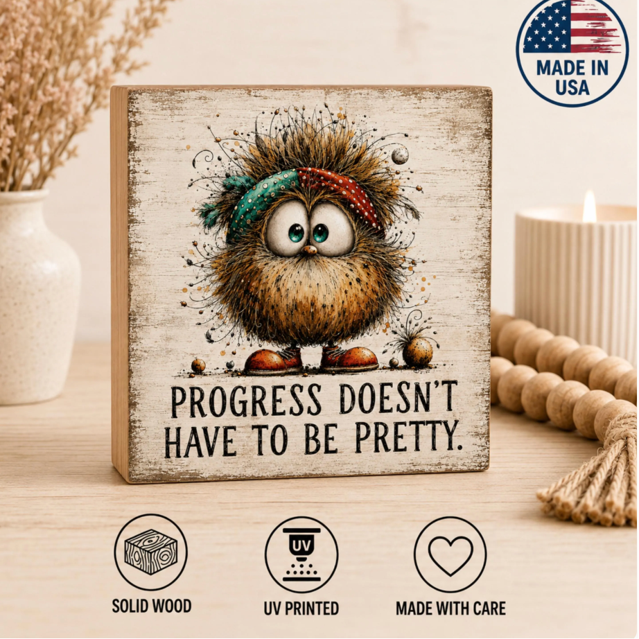 SHELF SITTER -Progress Doesn’t Have to Be Pretty Wood Block Sign | Handmade by Booter Built | 4 × 4 Inches