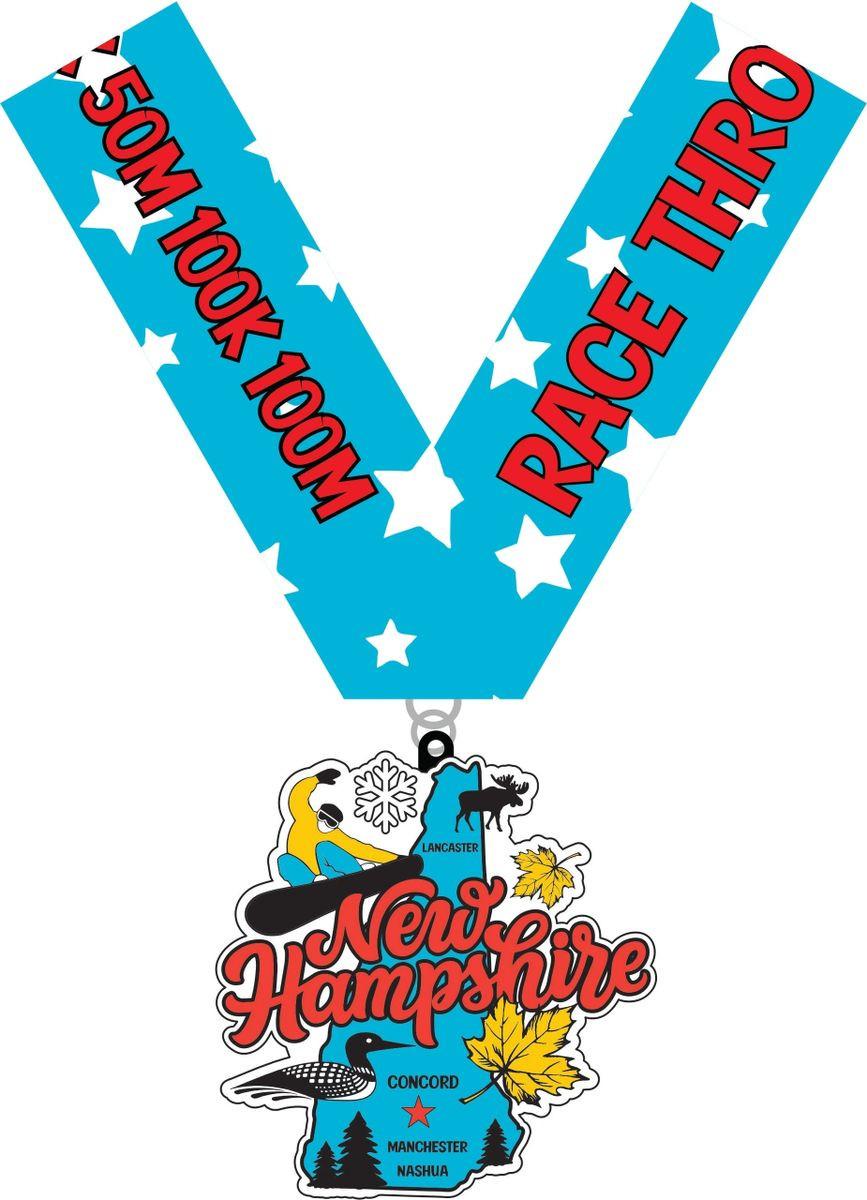 Virtualrunevent Race Through New Hampshire medal and bib for 1M, 5K, 10K, 13.1, 26.2 marathon events, displayed with background.