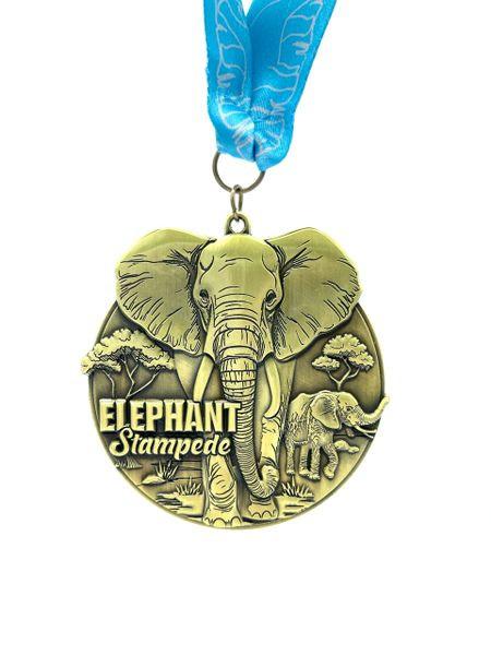VirtualRunEvent Elephant Stampede marathon, half marathon, 10K, 5K, and 1M finisher medals featuring elephant designs.