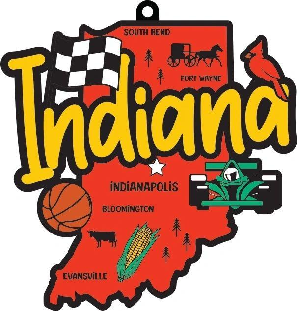 VirtualRunEvent Indiana race medal and bib, 1-mile to marathon distance, featuring colorful design and race branding.