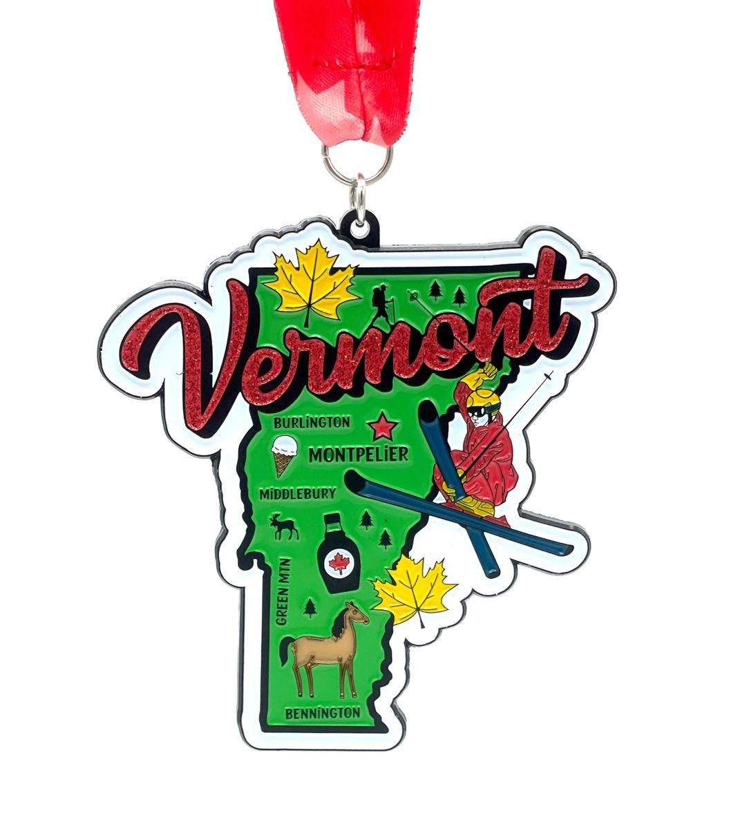 Virtualrunevent Race Through Vermont medal for 5K, 10K, Half Marathon, and Marathon virtual race, featuring scenic Vermont design.