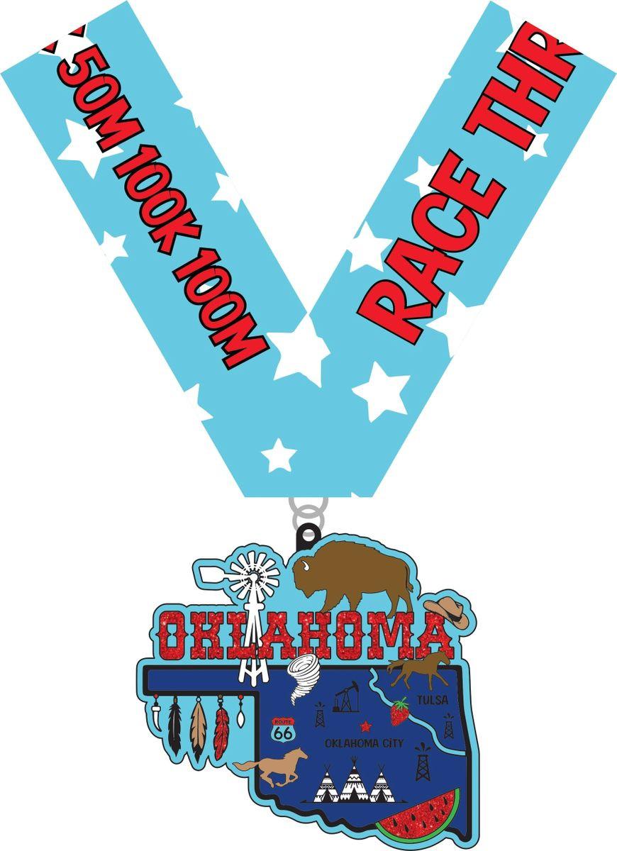 Virtualrunevent Oklahoma Race Through medal and bib, showcasing a commemorative running medal with event bib on a white background.