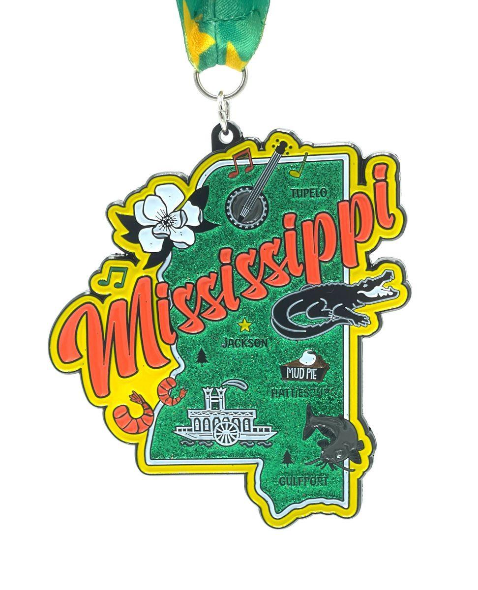 VirtualRunEvent Mississippi Race medal for 5K, 10K, Half Marathon, and 50 Mile Challenge, featuring race-themed design and branding.