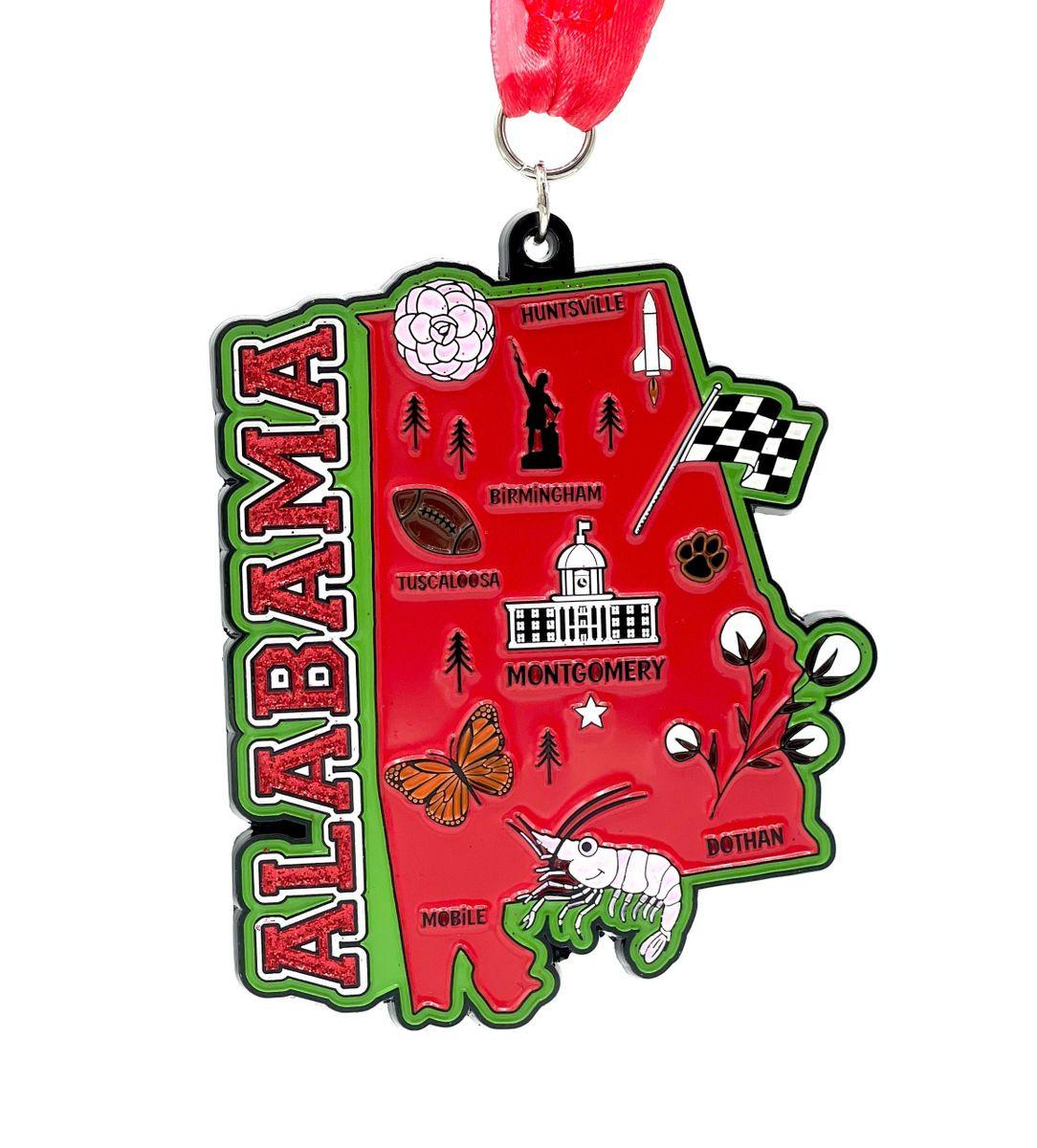 Virtualrunevent Race Through Alabama medal for 5K, 10K, Half Marathon, and 50 Mile Challenge, featuring Alabama-themed design.