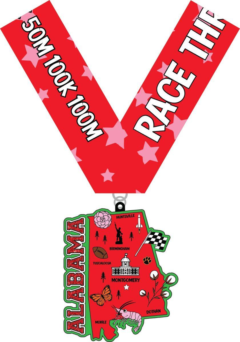 Virtualrunevent Race Through Alabama medal with bib, featuring detailed design and vibrant colors for running event participants.