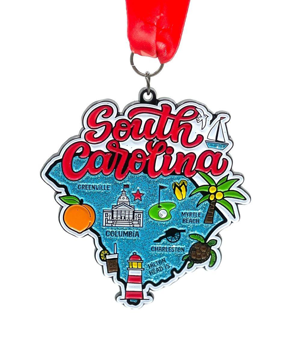 South Carolina Virtual Race medal from VirtualRunEvent for 5K, 10K, half marathon, and marathon distances.