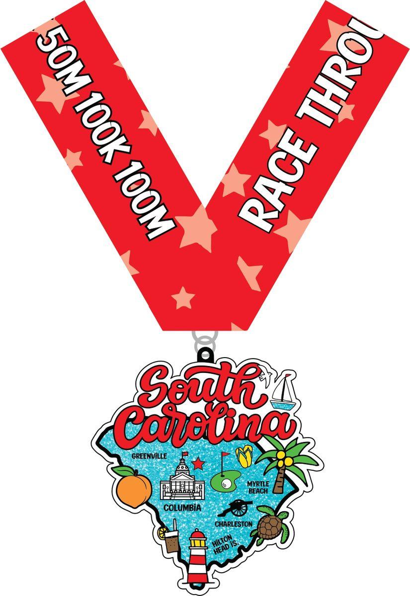 VirtualRunEvent Race Through South Carolina medal with attached bib, featuring a colorful design and event branding.
