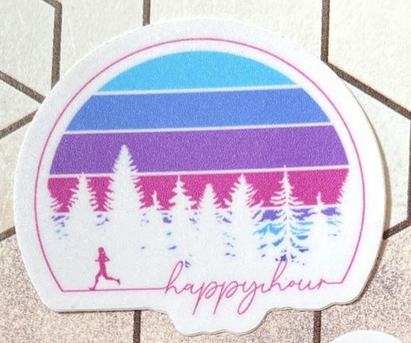 Colorful "Happy Hour" sticker from virtualrunevent featuring bold text and playful design, perfect for decorating notebooks or laptops.