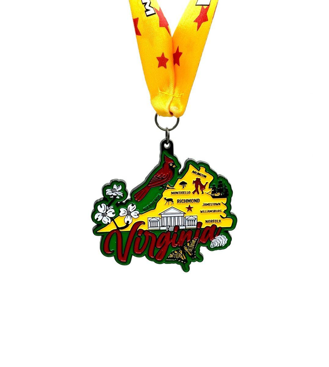 Virtualrunevent Race Through America 50 State Challenge medals and bibs displayed, showcasing all 50 state-themed medals.