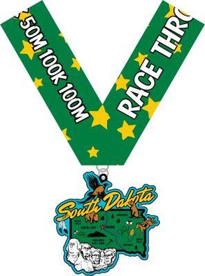 VirtualRunEvent Race Through South Dakota medal and bib for 1M, 5K, 10K, 13.1, and 26.2 marathon distances.