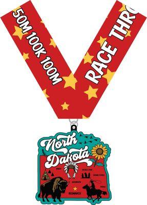 North Dakota race medal and bib from VirtualRunEvent for 1M, 5K, 10K, 13.1, and 26.2 distances, showing the medal design.