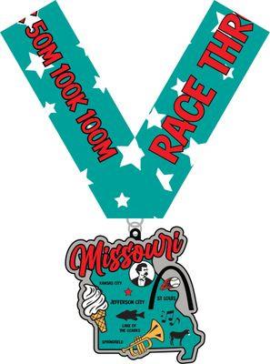 VirtualRunEvent Missouri race medal and bib set for 1M, 5K, 10K, 13.1, and 26.2 distances, featuring colorful design.
