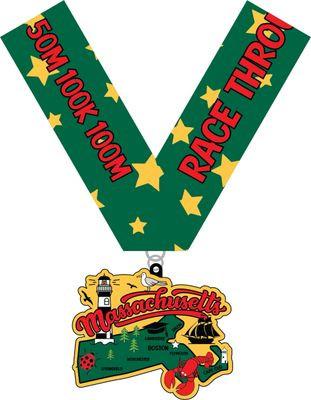 Massachusetts race medal and bib from VirtualRunEvent for 1M, 5K, 10K, 13.1, and 26.2 distances, displayed on a white background.