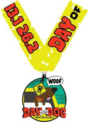 Virtualrunevent Day of the Dog medals for 1M, 5K, 10K, 13.1, and 26.2 races, featuring various finish line designs.