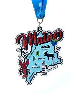 Virtualrunevent Race Through Maine medal for 5K, 10K, half marathon, and 50-mile challenge, with Maine-themed design and branding.