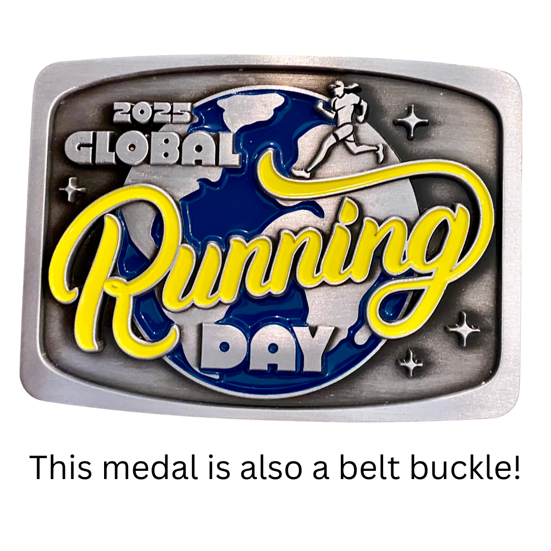 Virtualrunevent 2025 Global Running Day Belt Buckle Medal, silver finish with engraved design, shown on a white background.