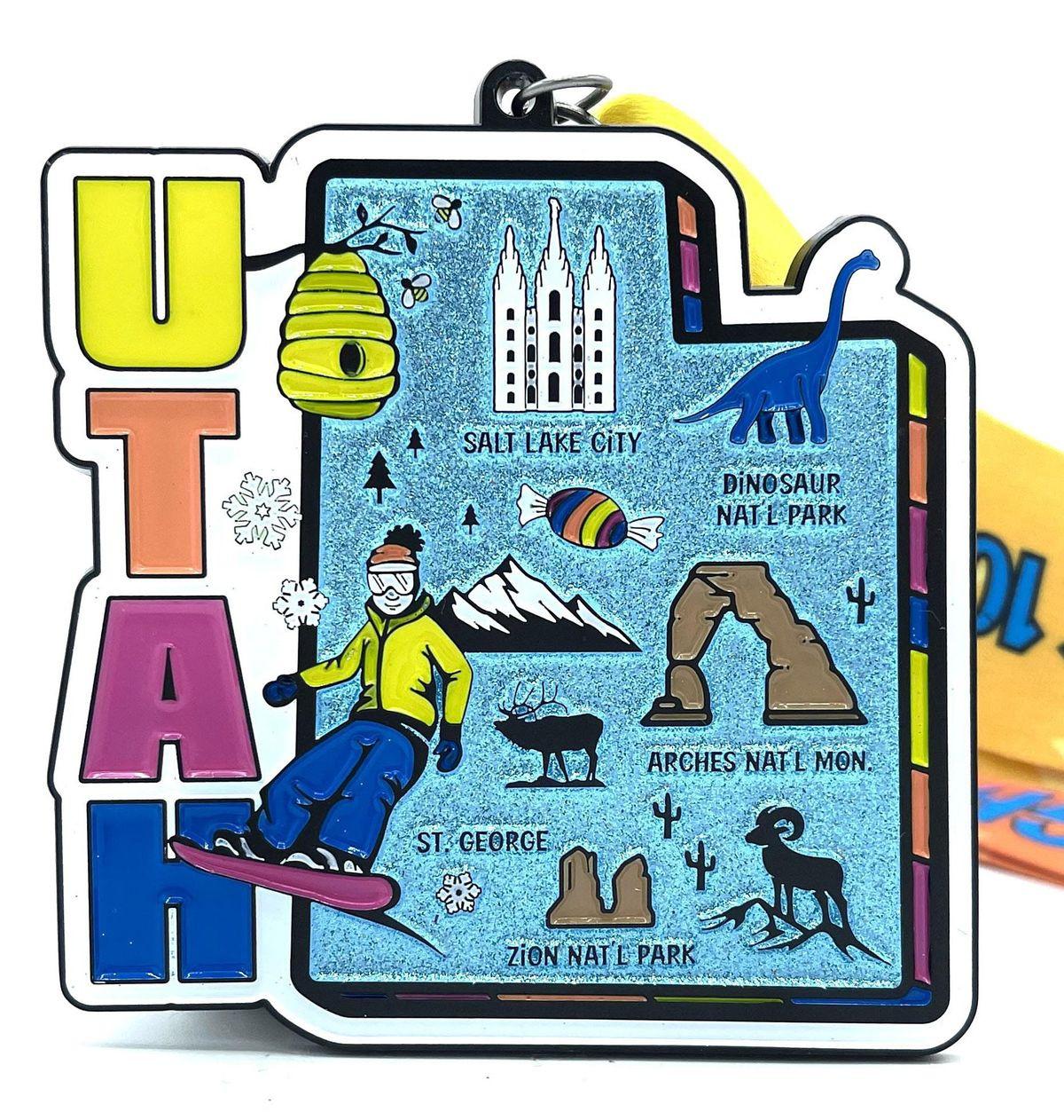 Collection of all 50 medals and bibs from the Race Through America Series by virtualrunevent, including Utah-themed medal.