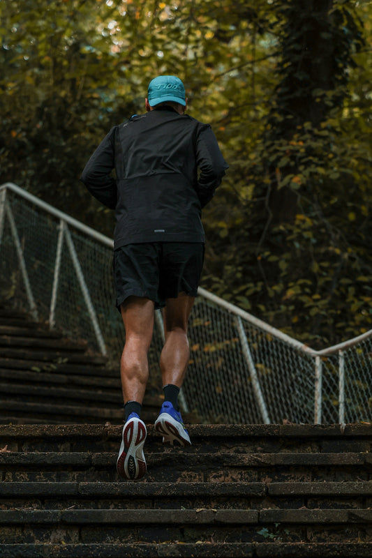 A man running up a flight of stairs
