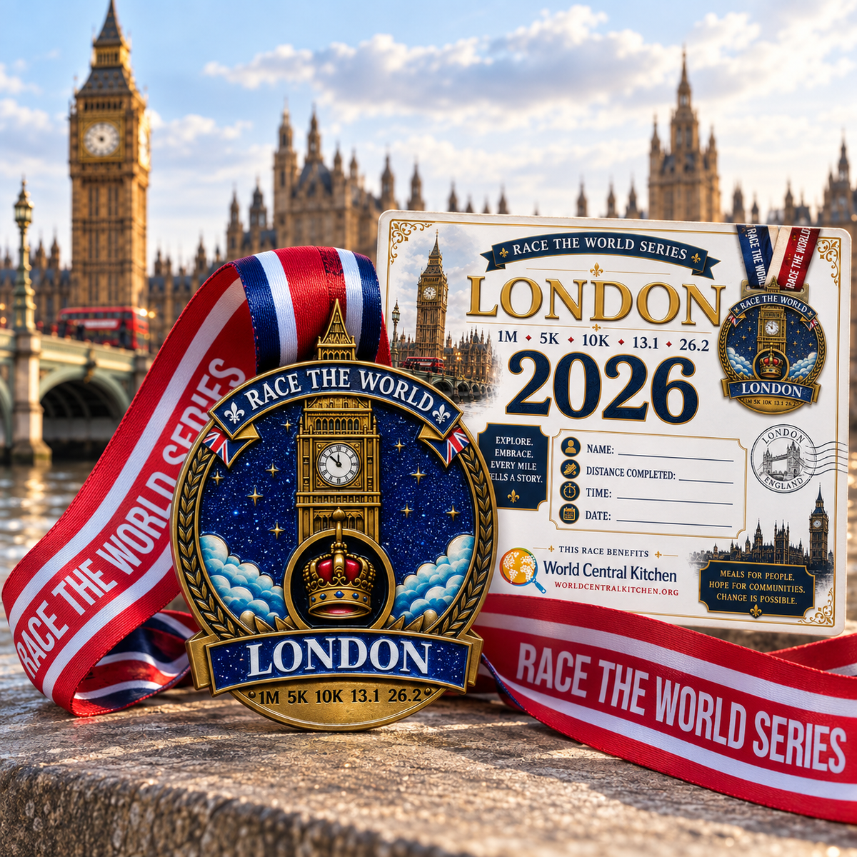 London Virtual Race medal for 5K, 10K, Half Marathon, and Marathon travel challenge, featuring London landmarks and event branding.