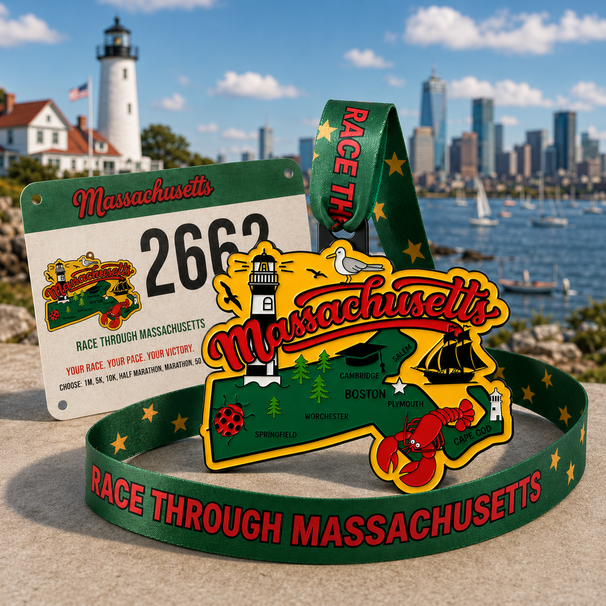 Virtualrunevent Massachusetts race medal and bib for 1-mile, 5K, 10K, half marathon, and marathon with race details.