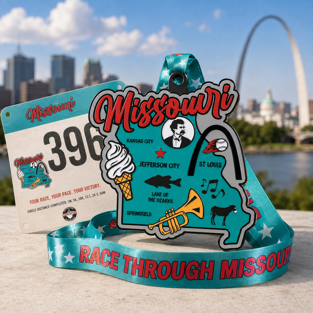 Virtualrunevent Missouri Race medal for 5K, 10K, Half Marathon, and 50 Mile Challenge with engraved race details.
