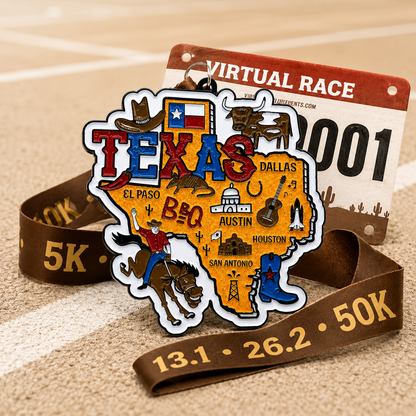 Virtualrunevent Race Through Texas medal featuring Texas-themed design and inscriptions for 5K, 10K, Half Marathon, and 50 Mile Challenge.