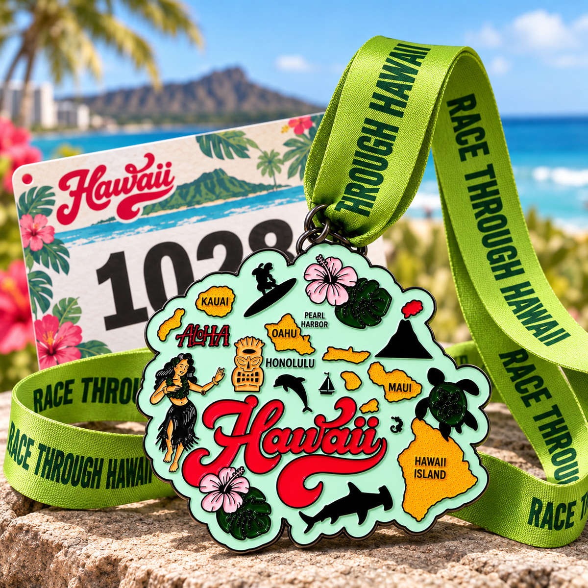 Virtualrunevent Race Through Hawaii medal for 5K, 10K, Half Marathon, and 50 Mile Challenge with colorful Hawaii-themed design.