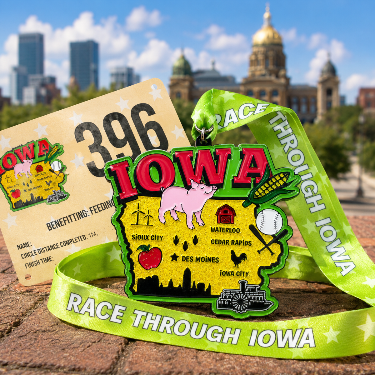 Virtualrunevent Race Through America 50 State Challenge medals and bibs displayed on a clean background.